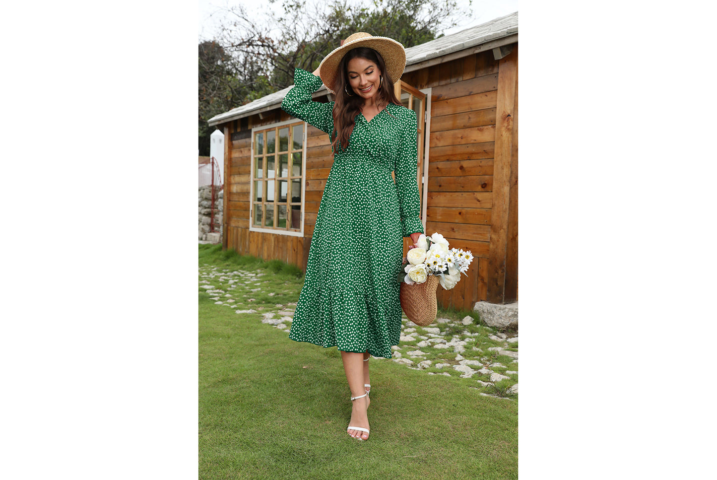 **Polka Dot Print Elegant V-Neck Resort Dress**