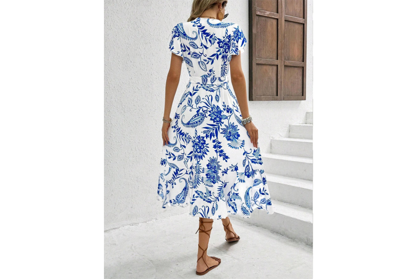 **Printed Ruffle Short-Sleeve Tie-Dress**