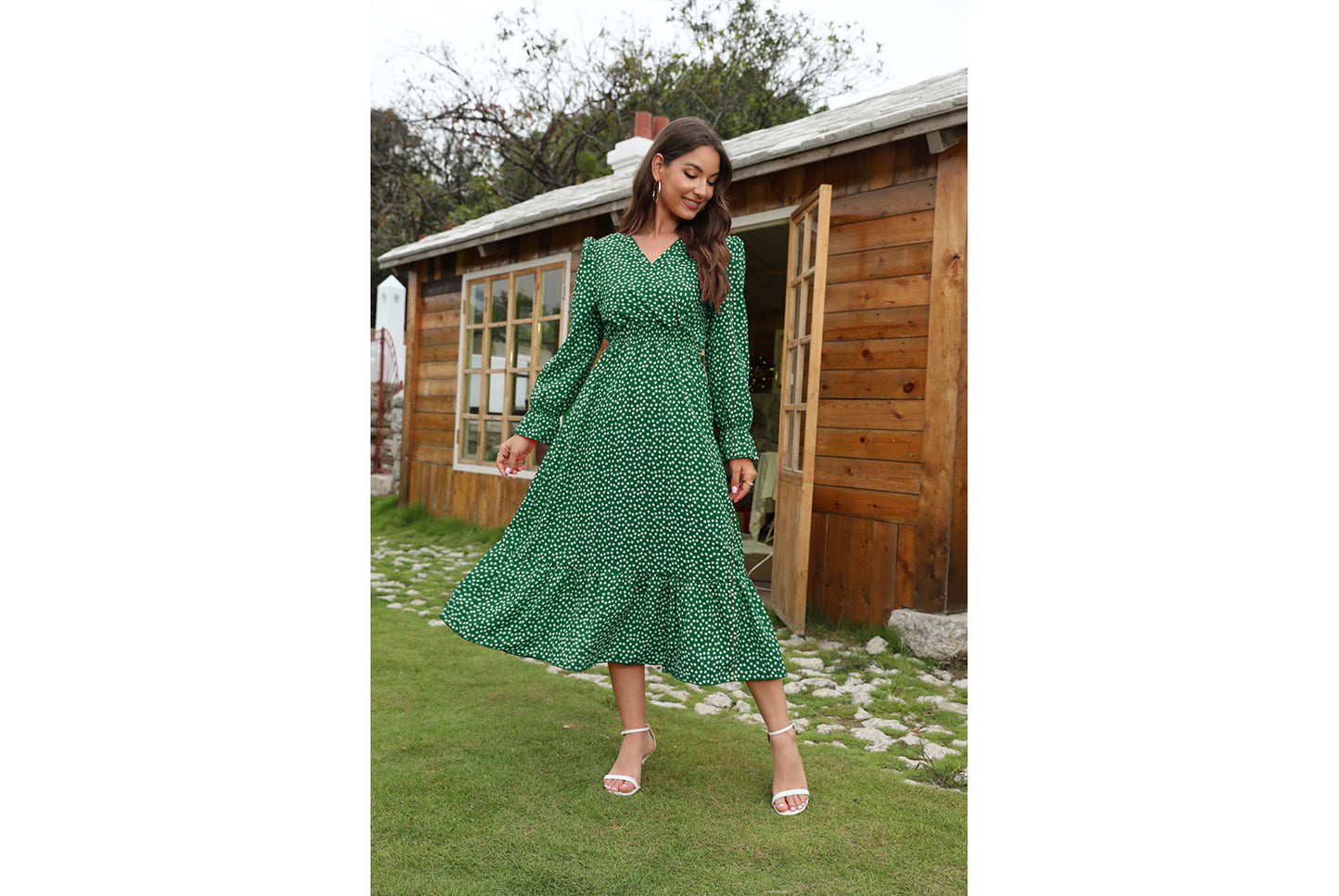 **Polka Dot Print Elegant V-Neck Resort Dress**