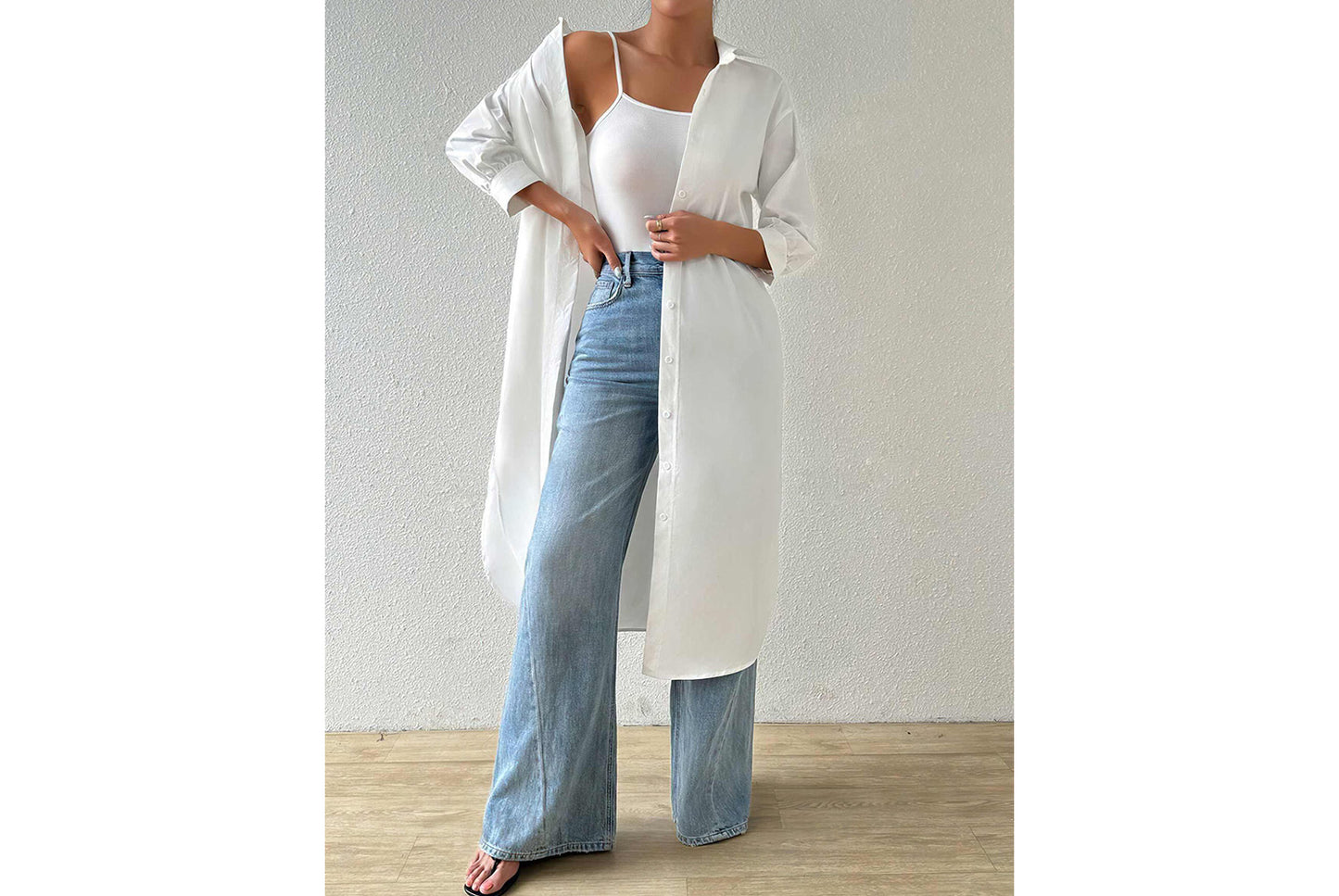 **Versatile Long Solid Color Cardigan Shirt with Mid-Sleeves**