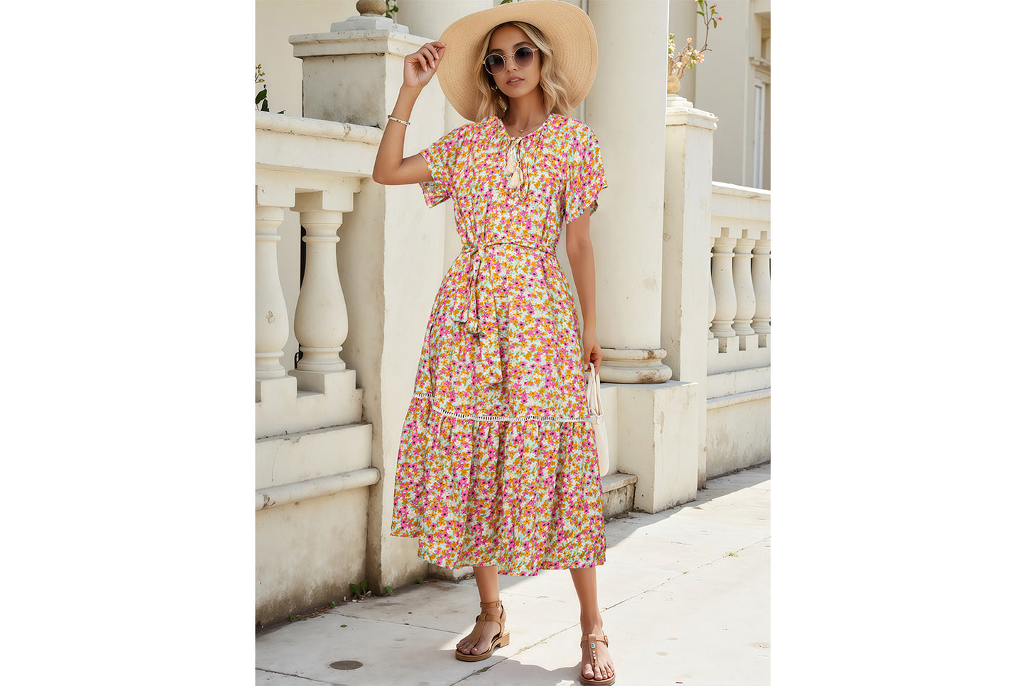 **Hollow Lace Trim and Ruffle Short-Sleeve Dress**