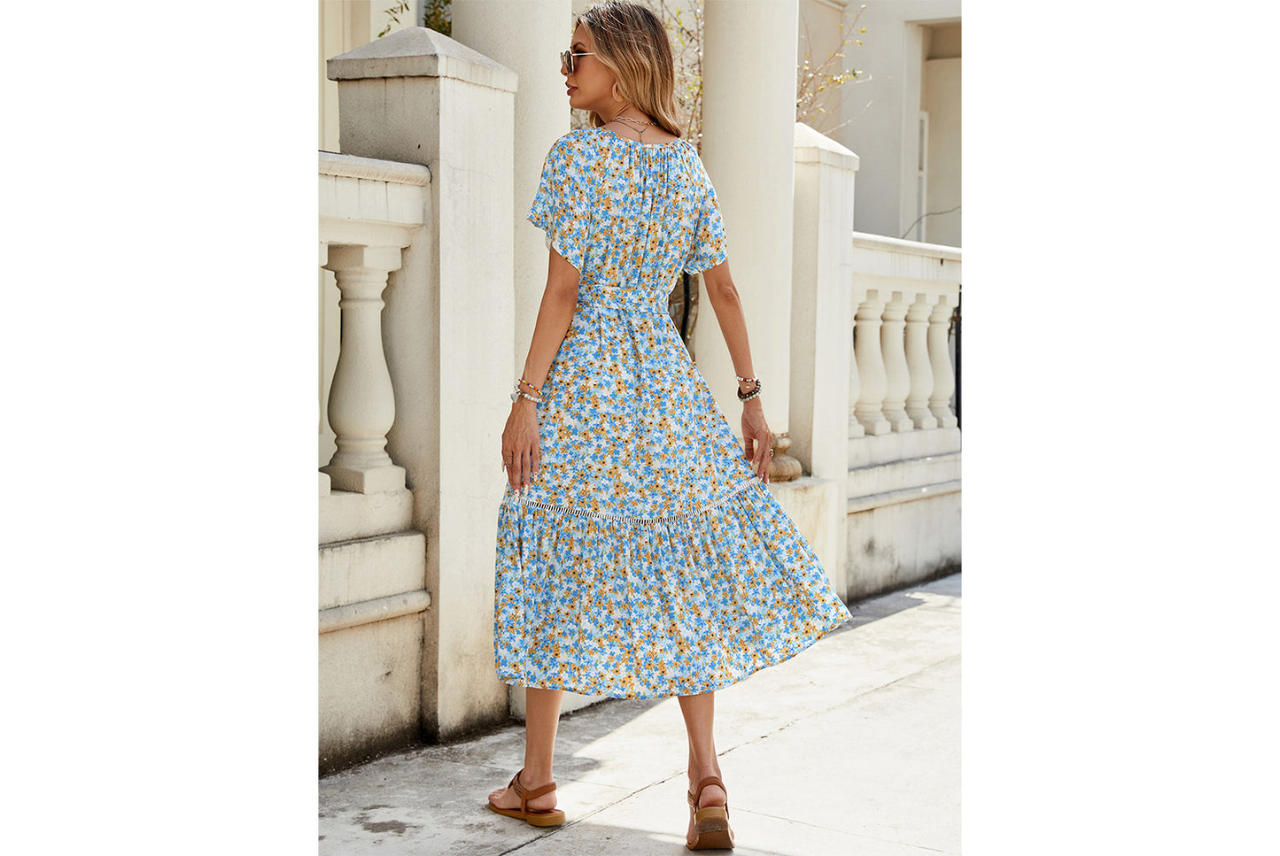 **Hollow Lace Trim and Ruffle Short-Sleeve Dress**