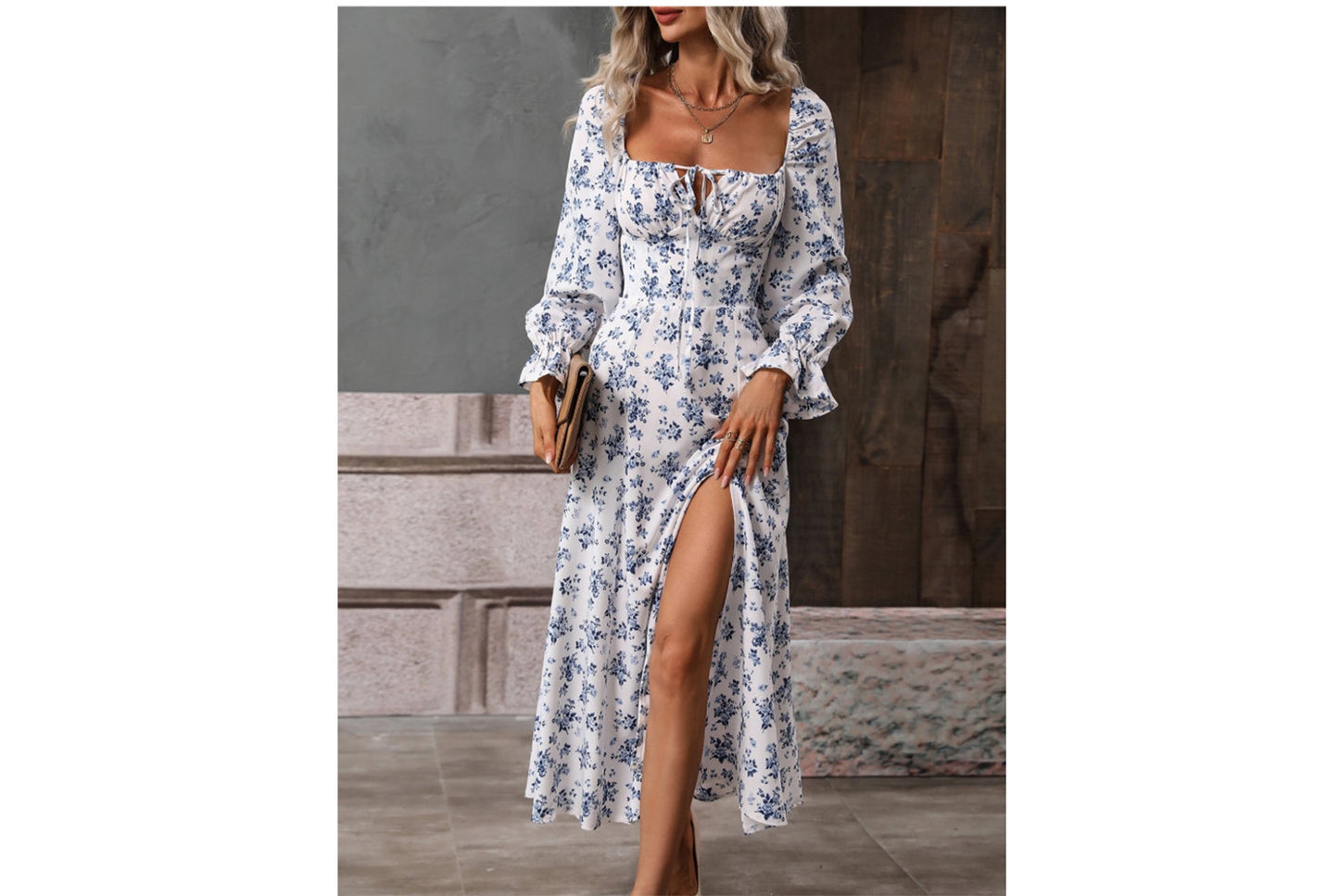 **Fashionable Printed Long-Sleeved Slit Dress for Women**