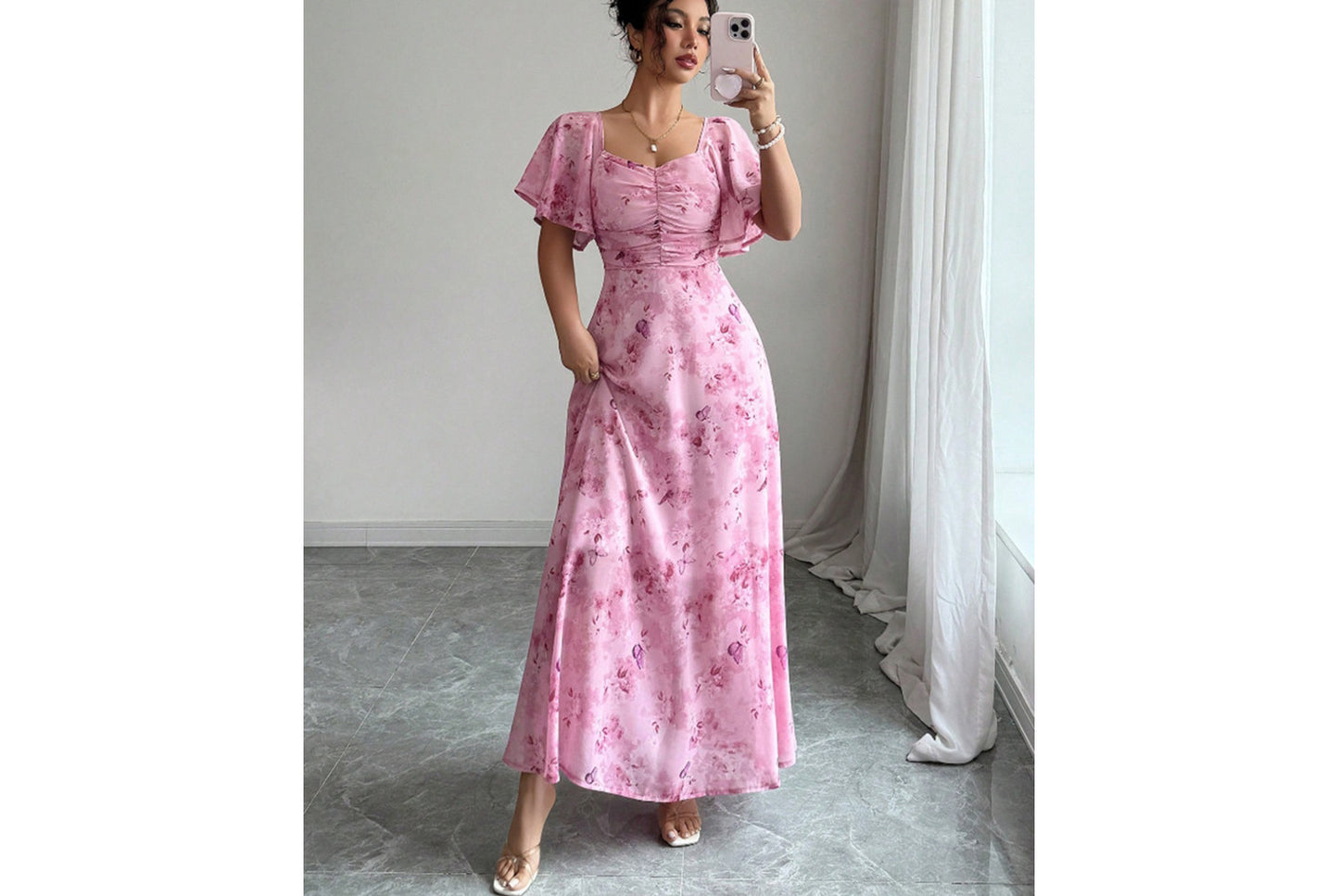 **Fashionable Square Neck Short-Sleeved Printed Chiffon Dress**