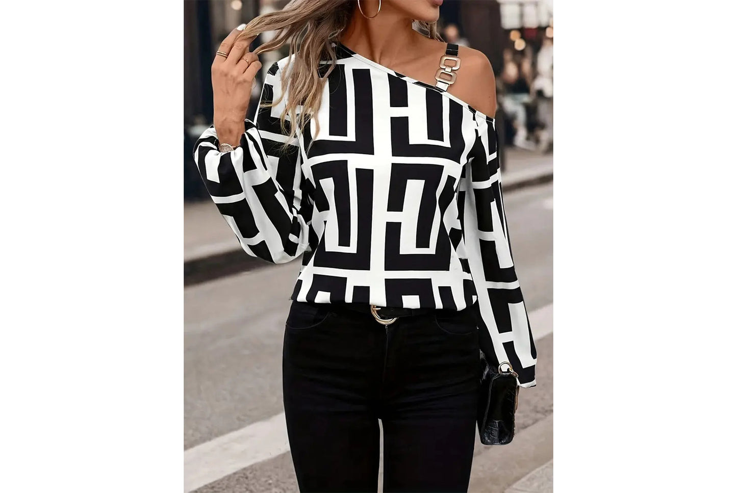 **Geometric Print Versatile Long-Sleeved, One-Neck Pullover Top**