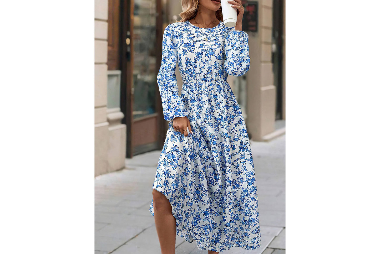 **Printed Round Neck Long-Sleeved Ruffle Dress**