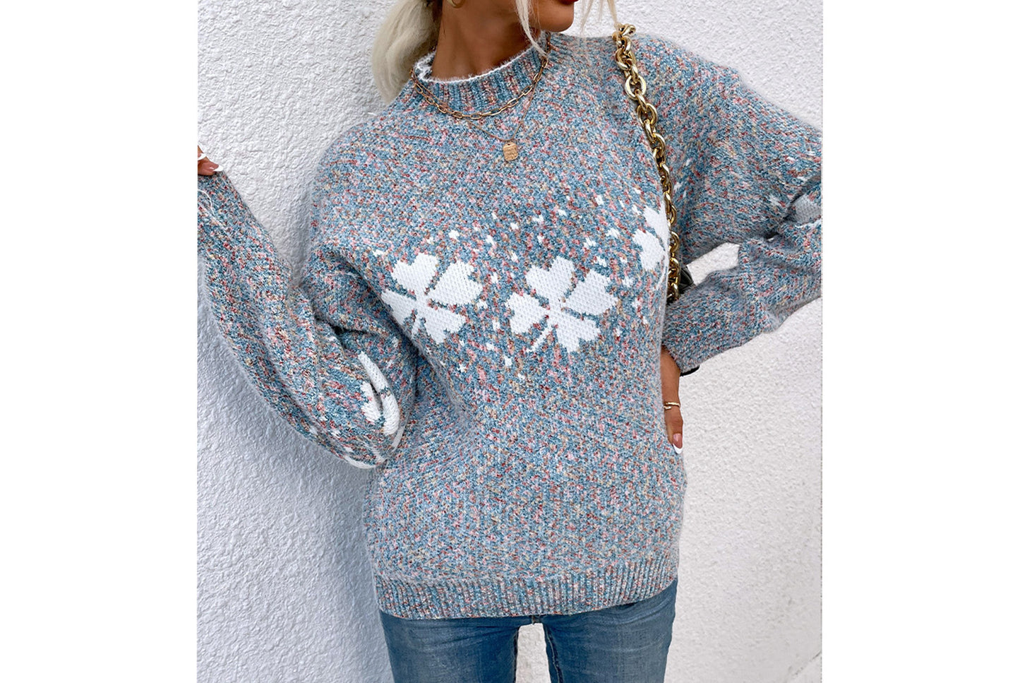 **Christmas Snowflake Sweater Casual Half-Turtleneck Sweater**