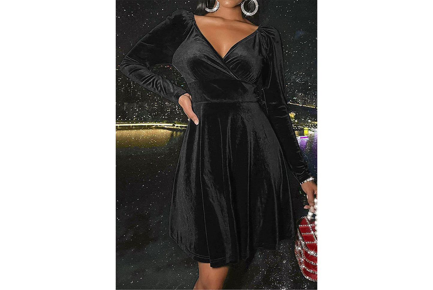 **Festive Christmas Long-Sleeved V-Neck Dress**