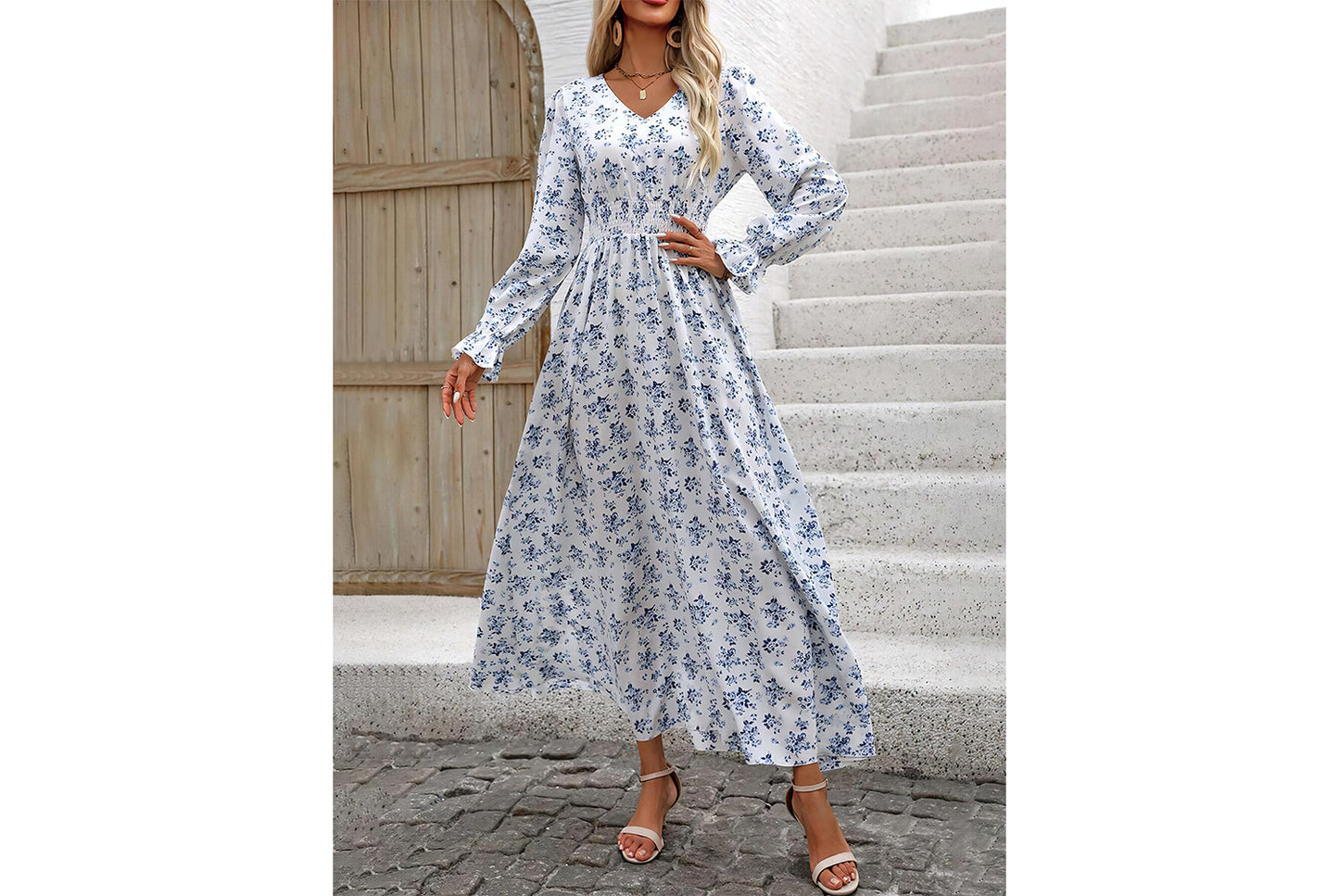 **Printed Maxi V-Neck Long-Sleeved Swing Dress**
