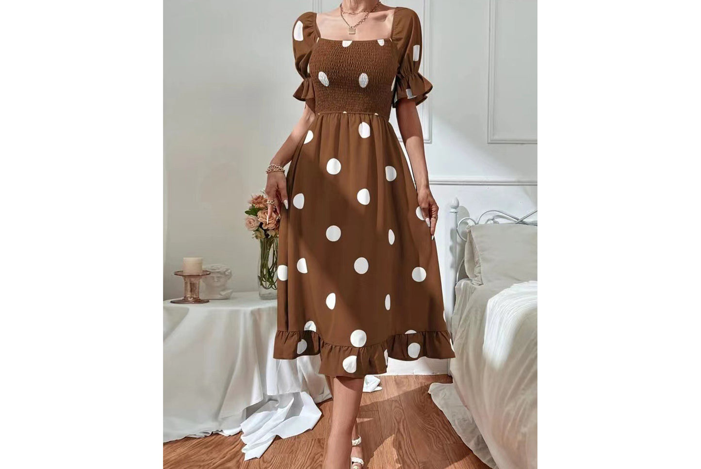 **Ruffled Fitted Short-Sleeve Dress**
