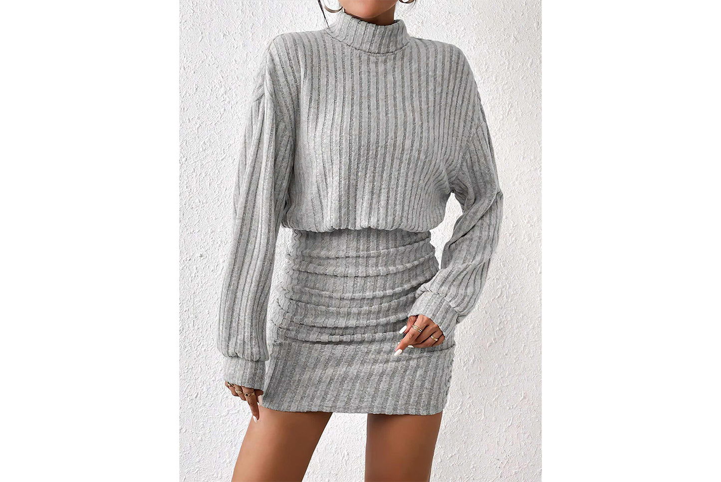 **Fashionable Ribbed Turtleneck Hip-Wrap Long-Sleeve Dress**