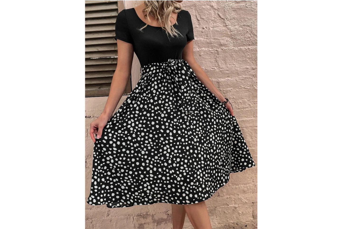**Patchwork Round Neck Polka Dot Short Sleeve Dress**