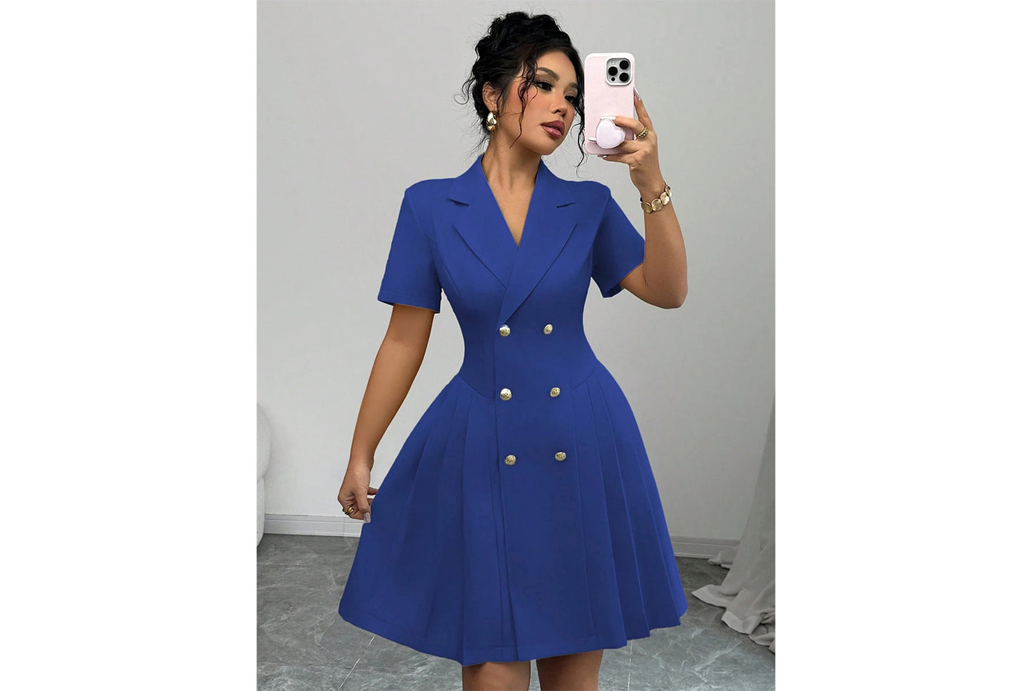 **Stylish Solid Color Short-Sleeved Double-Breasted Dress**