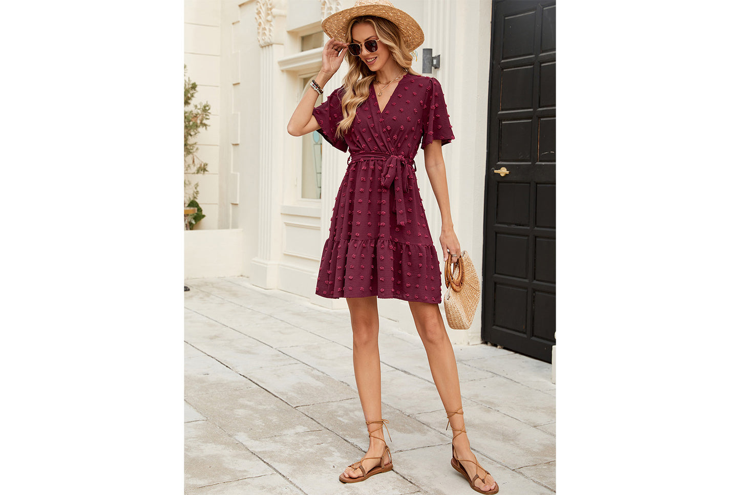 **Pompom Jacquard Ruffle Sleeve V-Neck Waist-Lining Tie-Drawstring Dress**