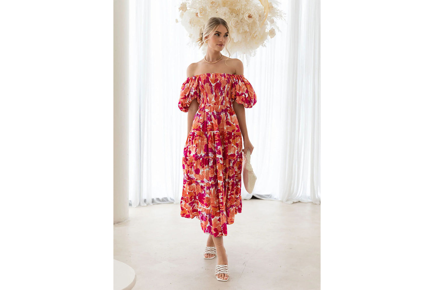 **Lantern Sleeve High-Waisted, One-Way Neck Print Dress**