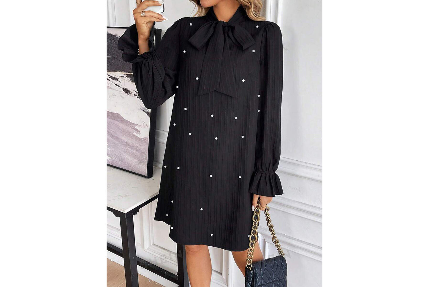 **Beaded Long-Sleeve Solid Color Loose-Fit Dress**