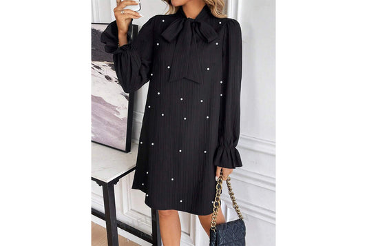 **Beaded Long-Sleeve Solid Color Loose-Fit Dress**