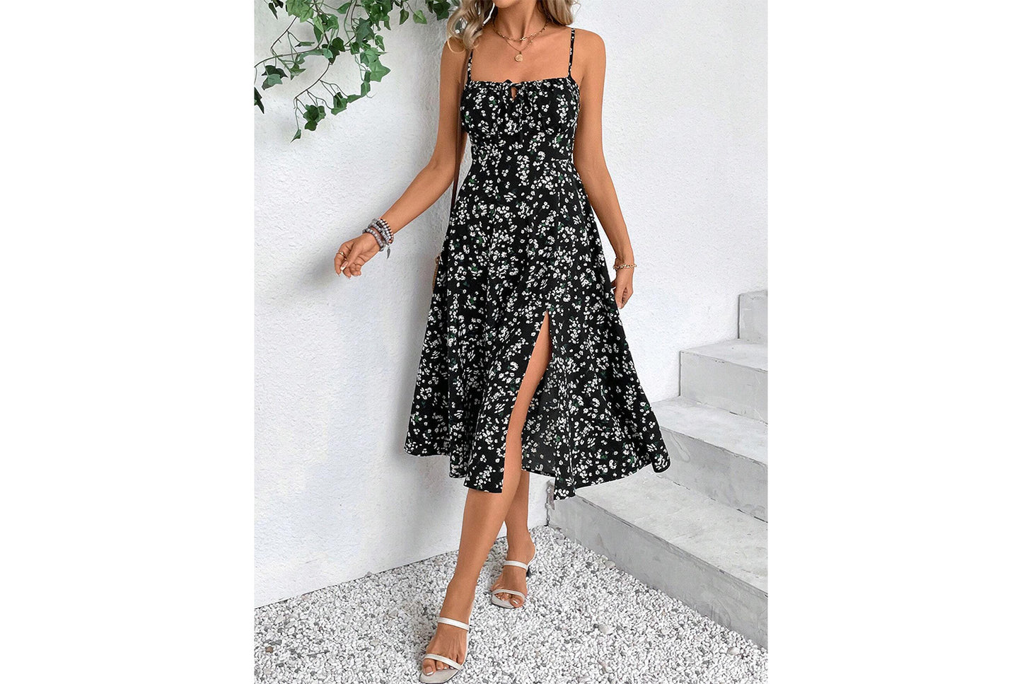 **Sling Print Dress with Slit Bottom**