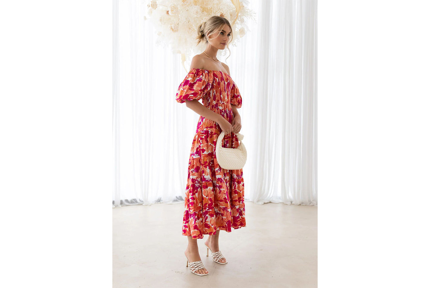 **Lantern Sleeve High-Waisted, One-Way Neck Print Dress**