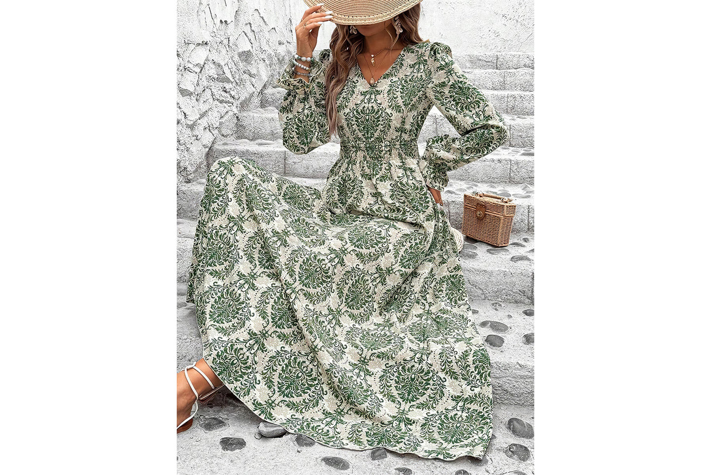 **Printed Maxi V-Neck Long-Sleeved Swing Dress**