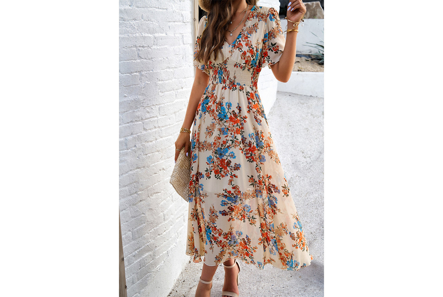 **Printed Waisted Short-Sleeved Chiffon Dress**