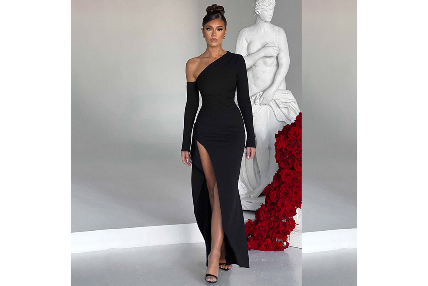 **Elegant Offset Neck, One-Sleeve, Slit Dress**