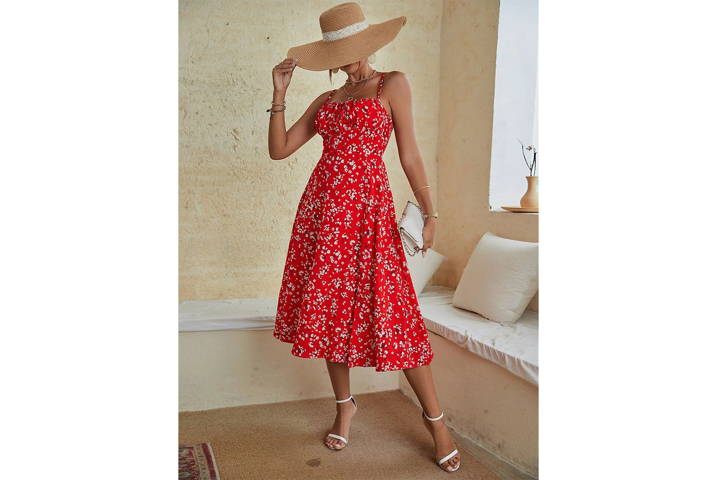 **Sling Print Dress with Slit Bottom**