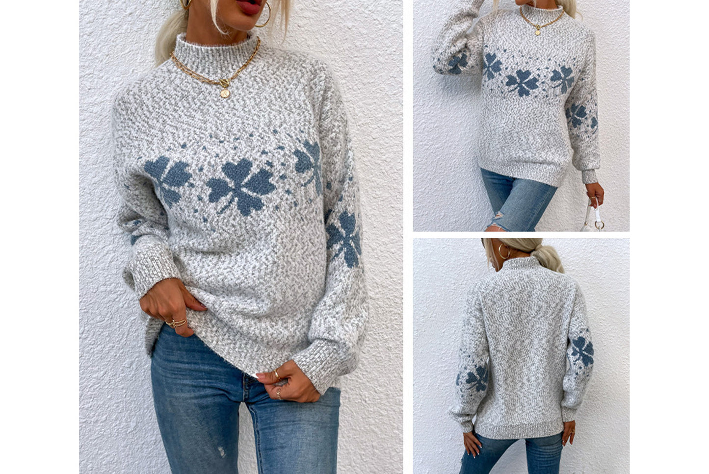 **Christmas Snowflake Sweater Casual Half-Turtleneck Sweater**
