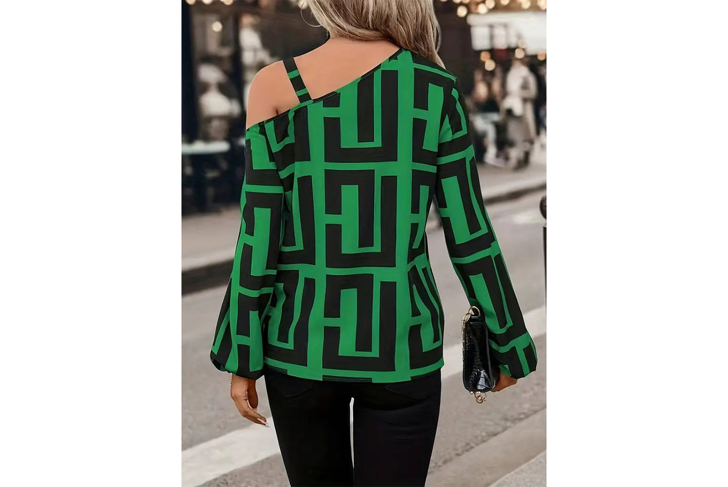 **Geometric Print Versatile Long-Sleeved, One-Neck Pullover Top**