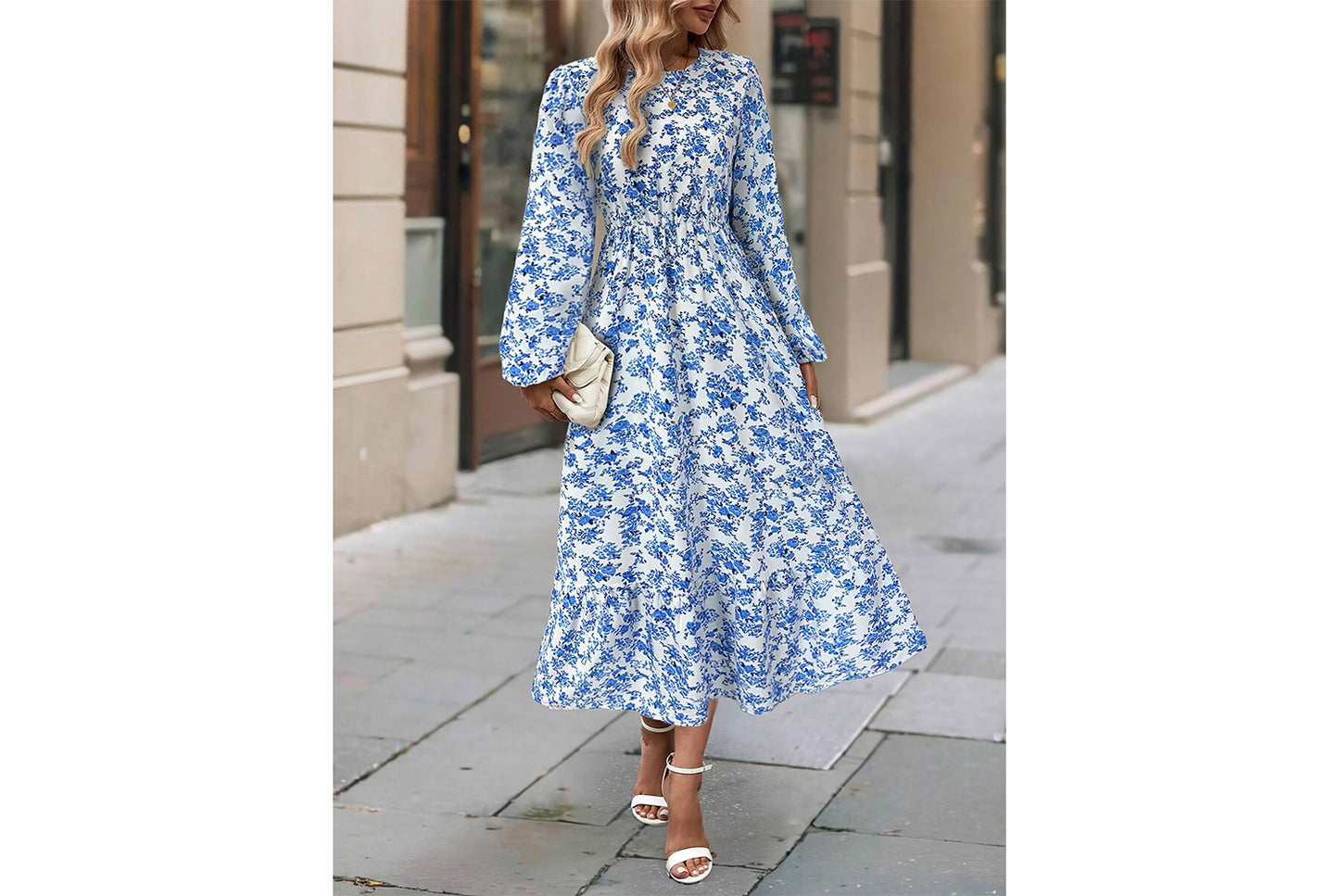 **Printed Round Neck Long-Sleeved Ruffle Dress**