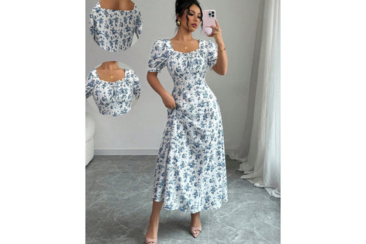 **Elegant U-Neck Short-Sleeved Printed Swing Dress**