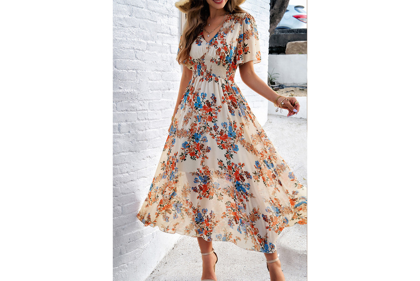 **Printed Waisted Short-Sleeved Chiffon Dress**