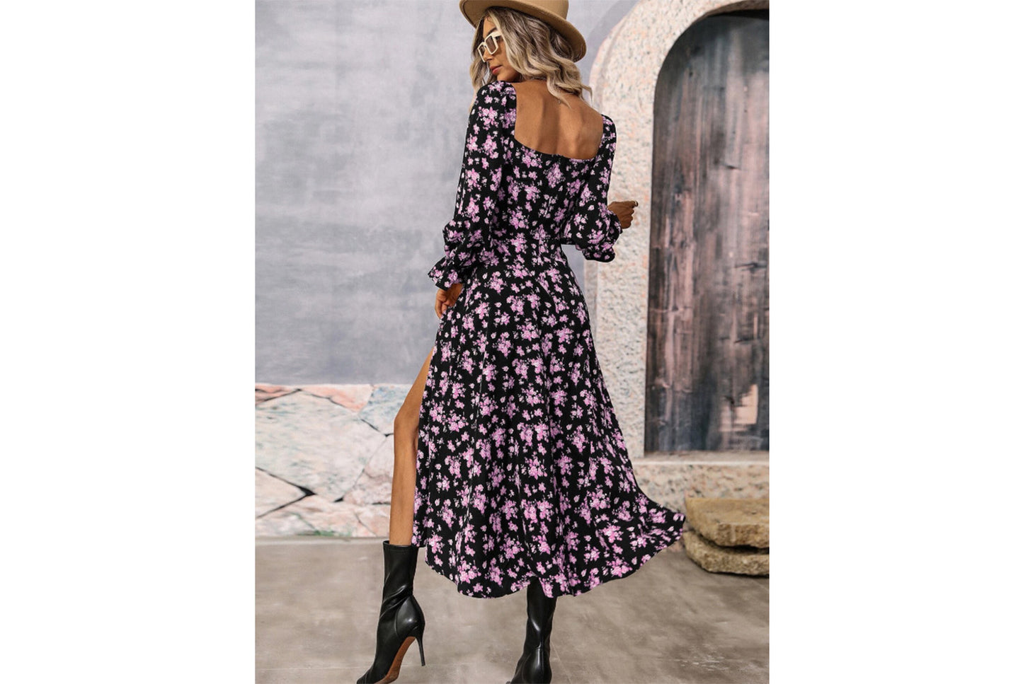 **Fashionable Printed Long-Sleeved Slit Dress for Women**