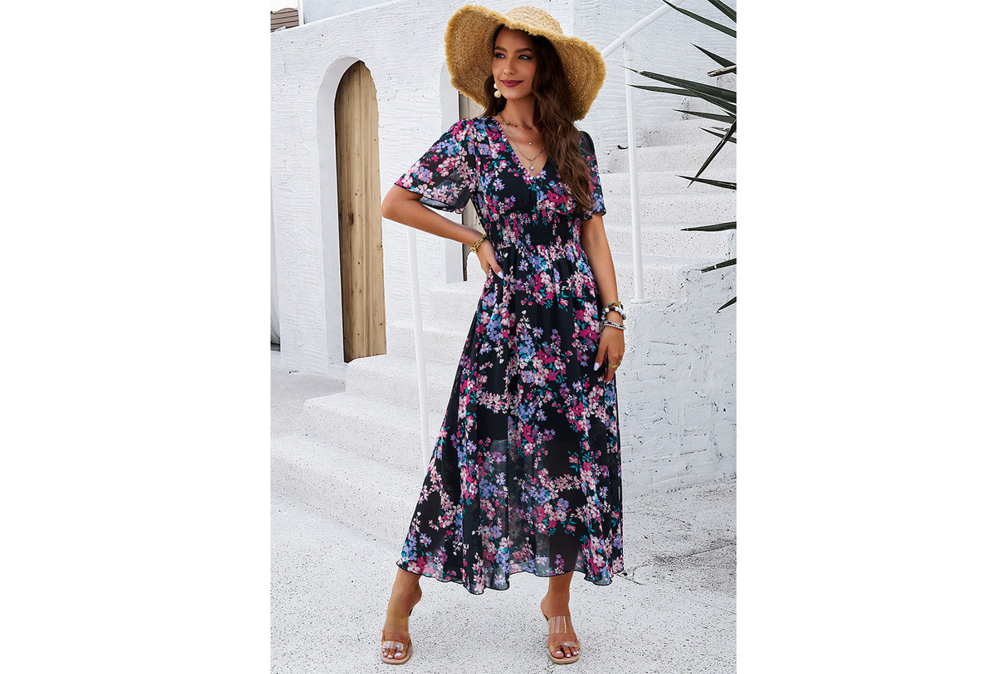 **Printed Waisted Short-Sleeved Chiffon Dress**