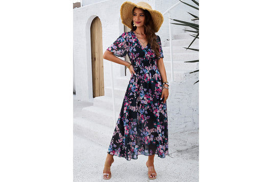 **Printed Waisted Short-Sleeved Chiffon Dress**