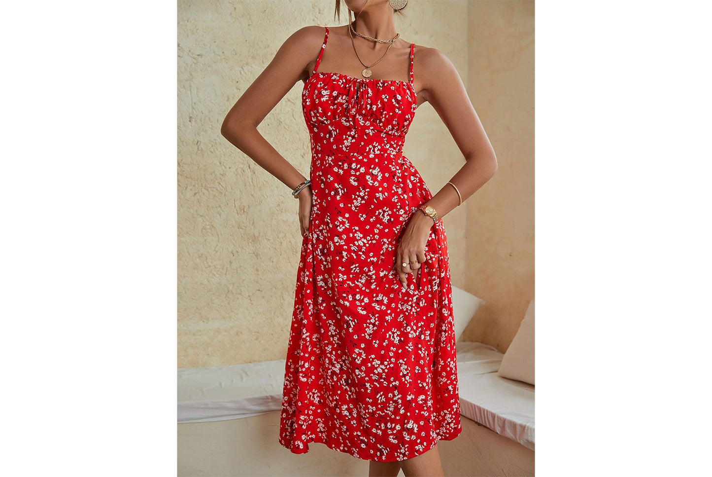 **Sling Print Dress with Slit Bottom**