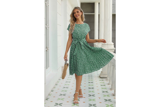 **Short-Sleeve Floral Tie-Drawstring Pleated Dress**