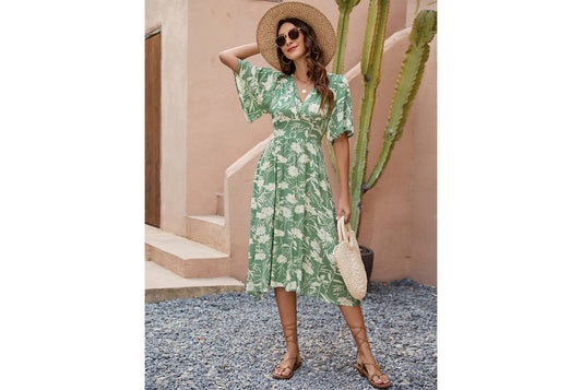 **Bohemian Beach Dress with a Waist Fit**