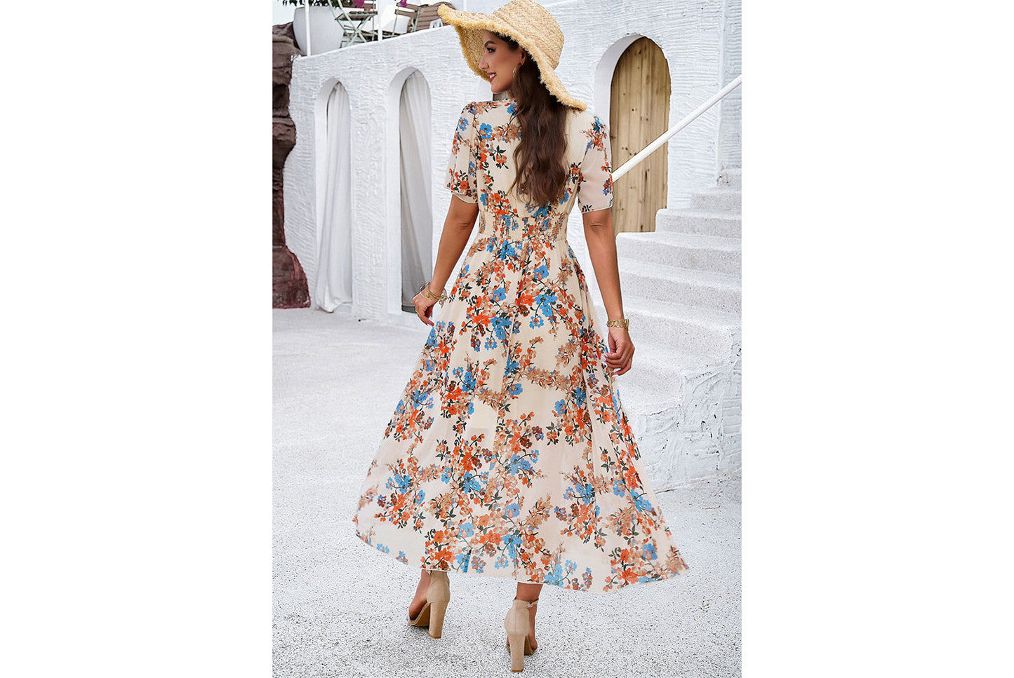 **Printed Waisted Short-Sleeved Chiffon Dress**