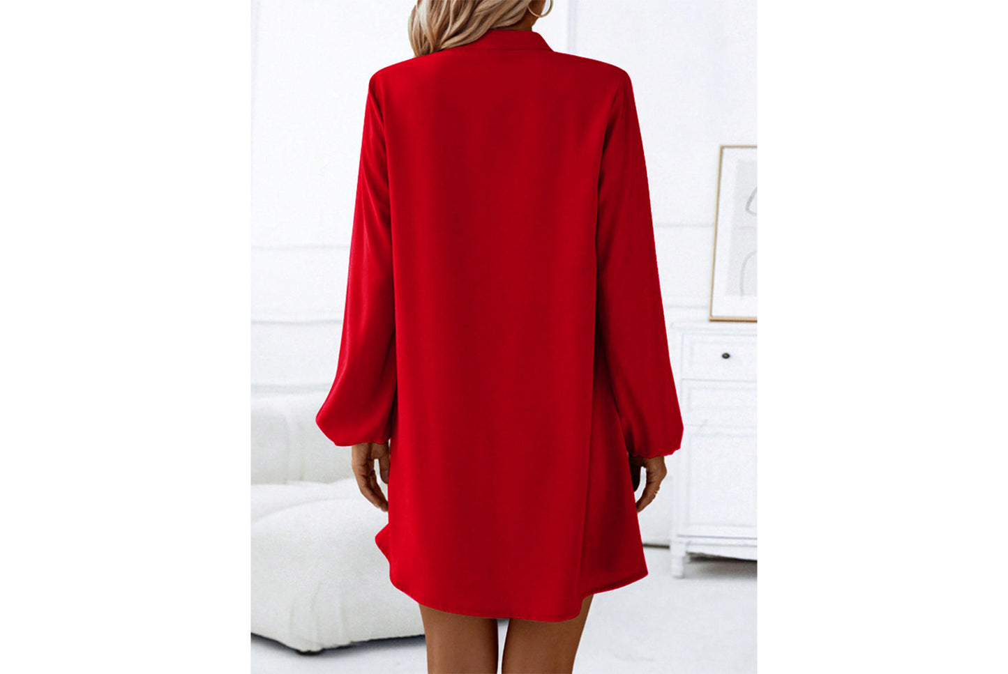 **Spring/Summer Long-Sleeved V-Neck Single-Breasted Loose-Fit Dress**