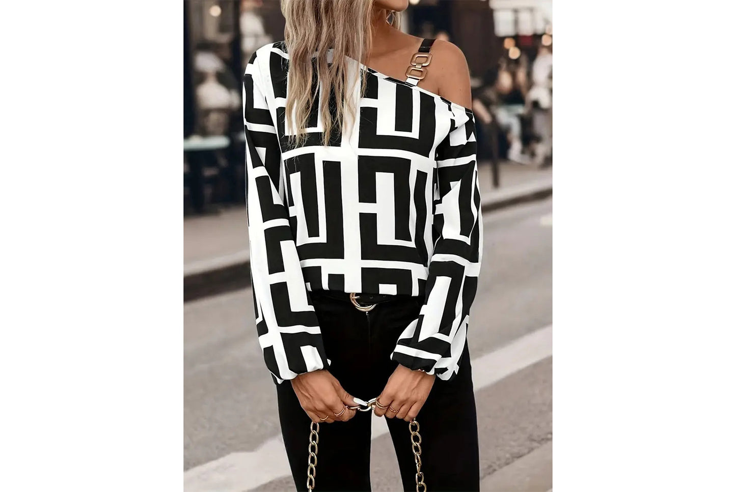 **Geometric Print Versatile Long-Sleeved, One-Neck Pullover Top**