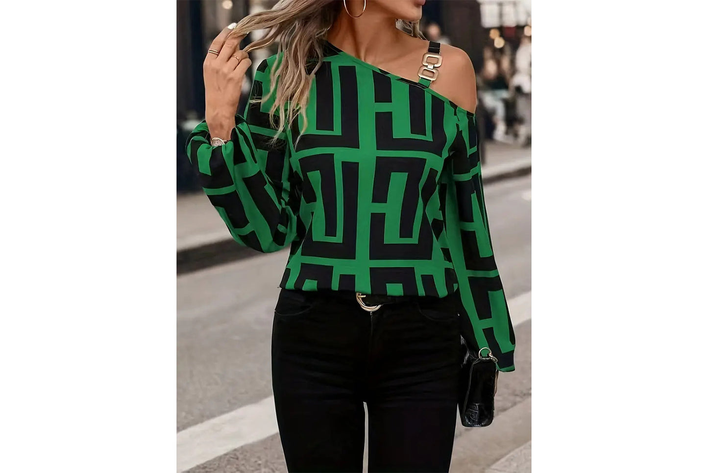 **Geometric Print Versatile Long-Sleeved, One-Neck Pullover Top**