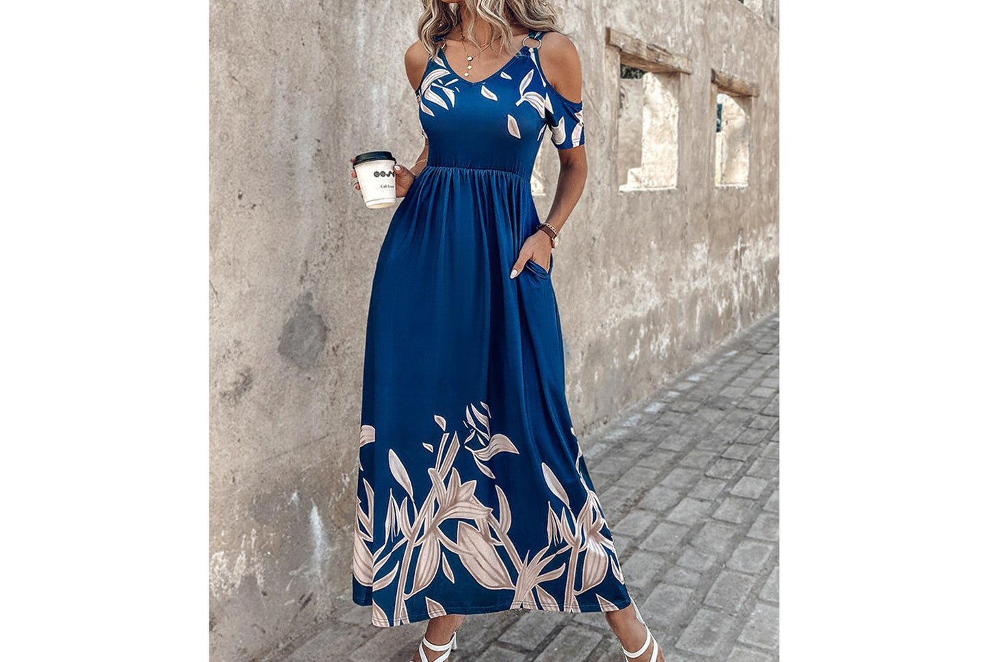 **Fashionable Off-the-Shoulder Printed Maxi Dress with Pleated Waist**