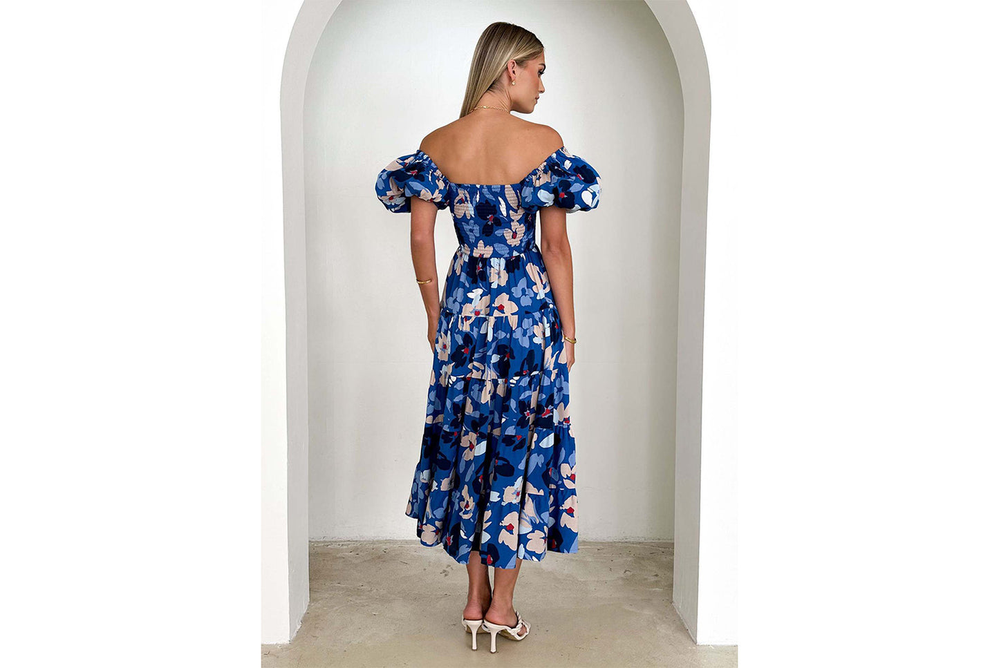 **Lantern Sleeve High-Waisted, One-Way Neck Print Dress**