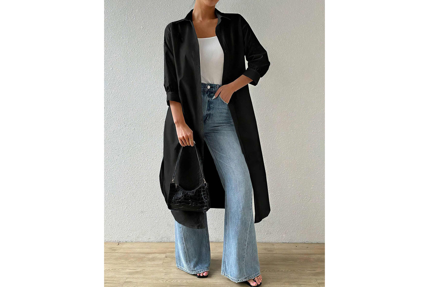 **Versatile Long Solid Color Cardigan Shirt with Mid-Sleeves**