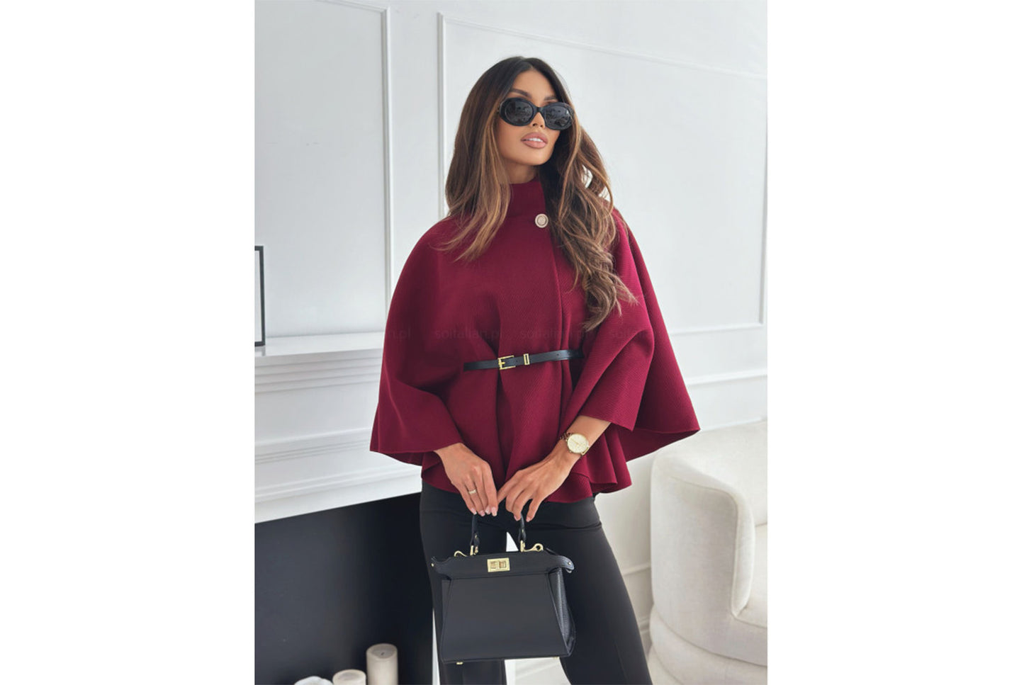 **Solid Color Woolen Cape Jacket with Waist Tie**