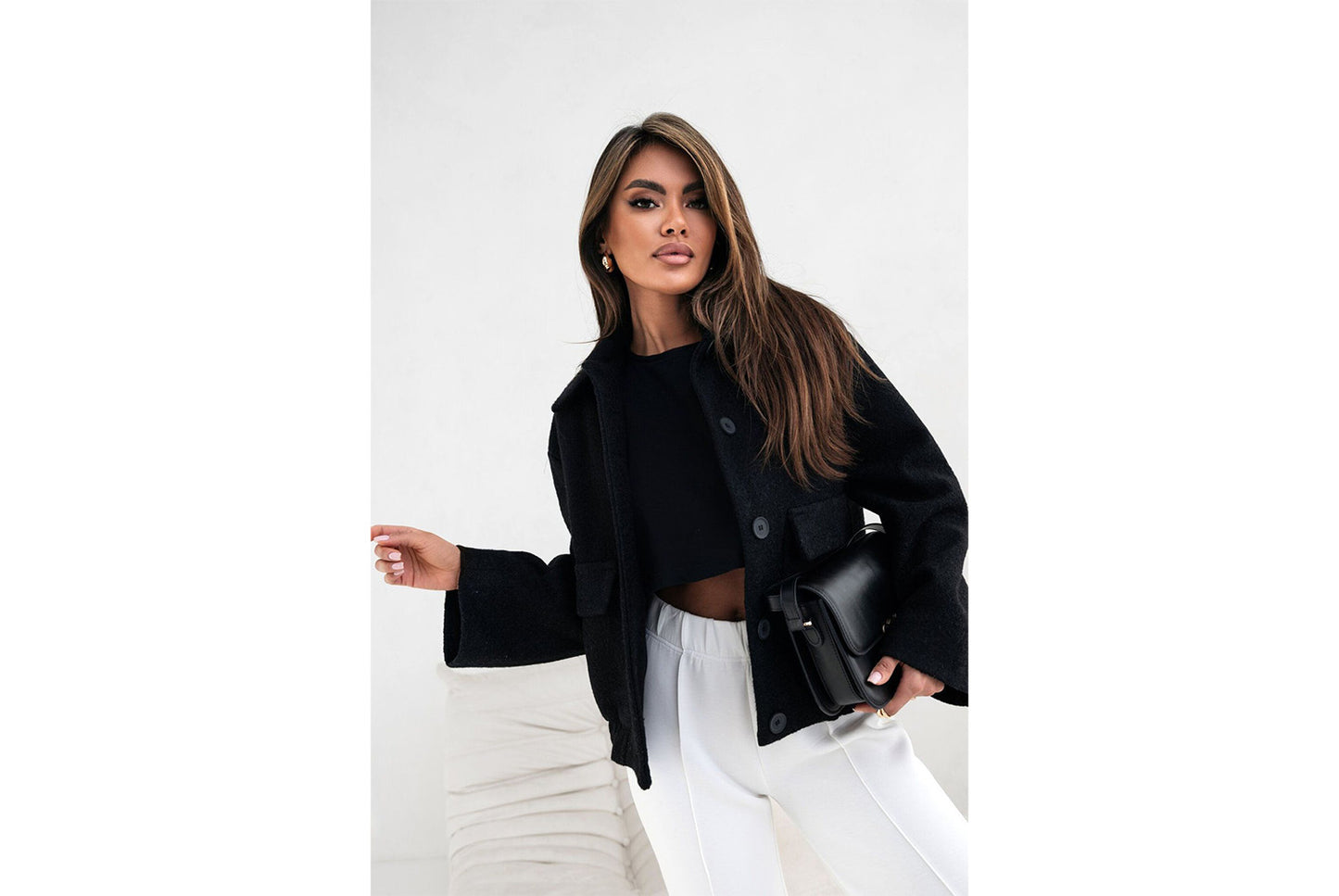 **Stylish Solid-Color Pocket-Breasted Wool Jacket**