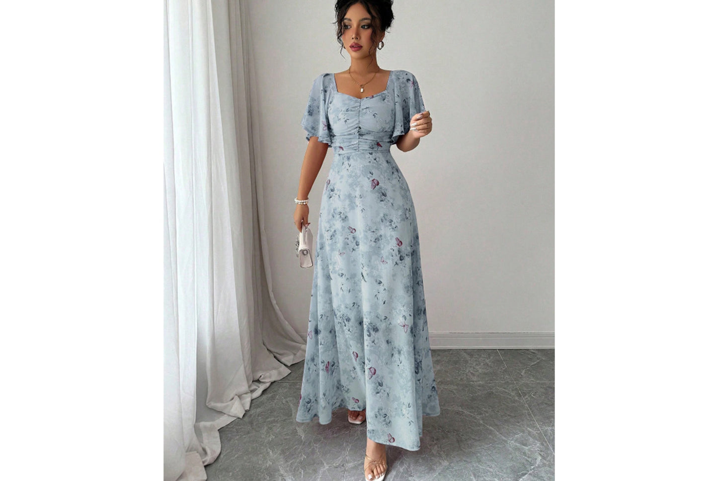 **Fashionable Square Neck Short-Sleeved Printed Chiffon Dress**