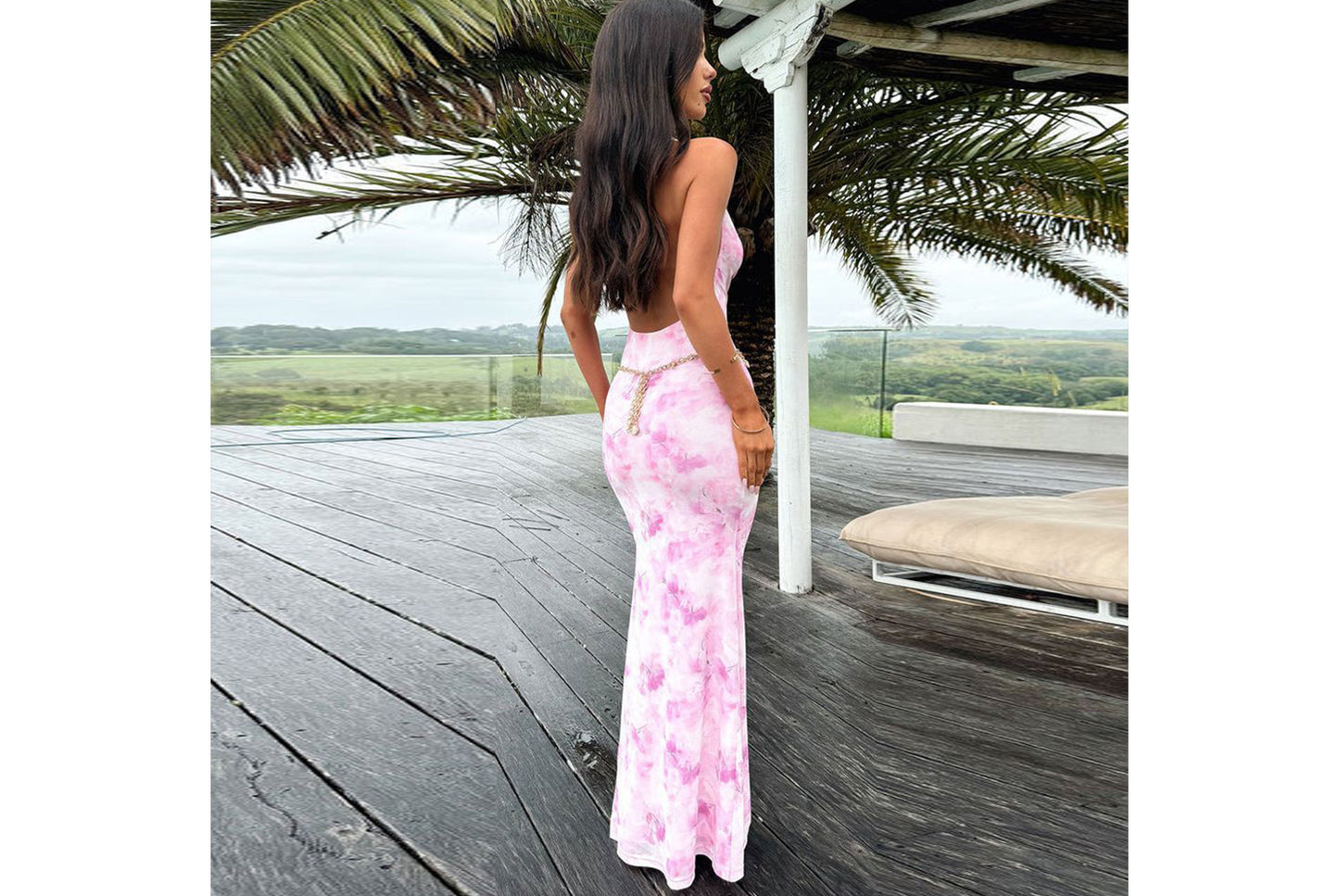 **Mesh Printed Strapless Fitted Dress with a Chic Waist**