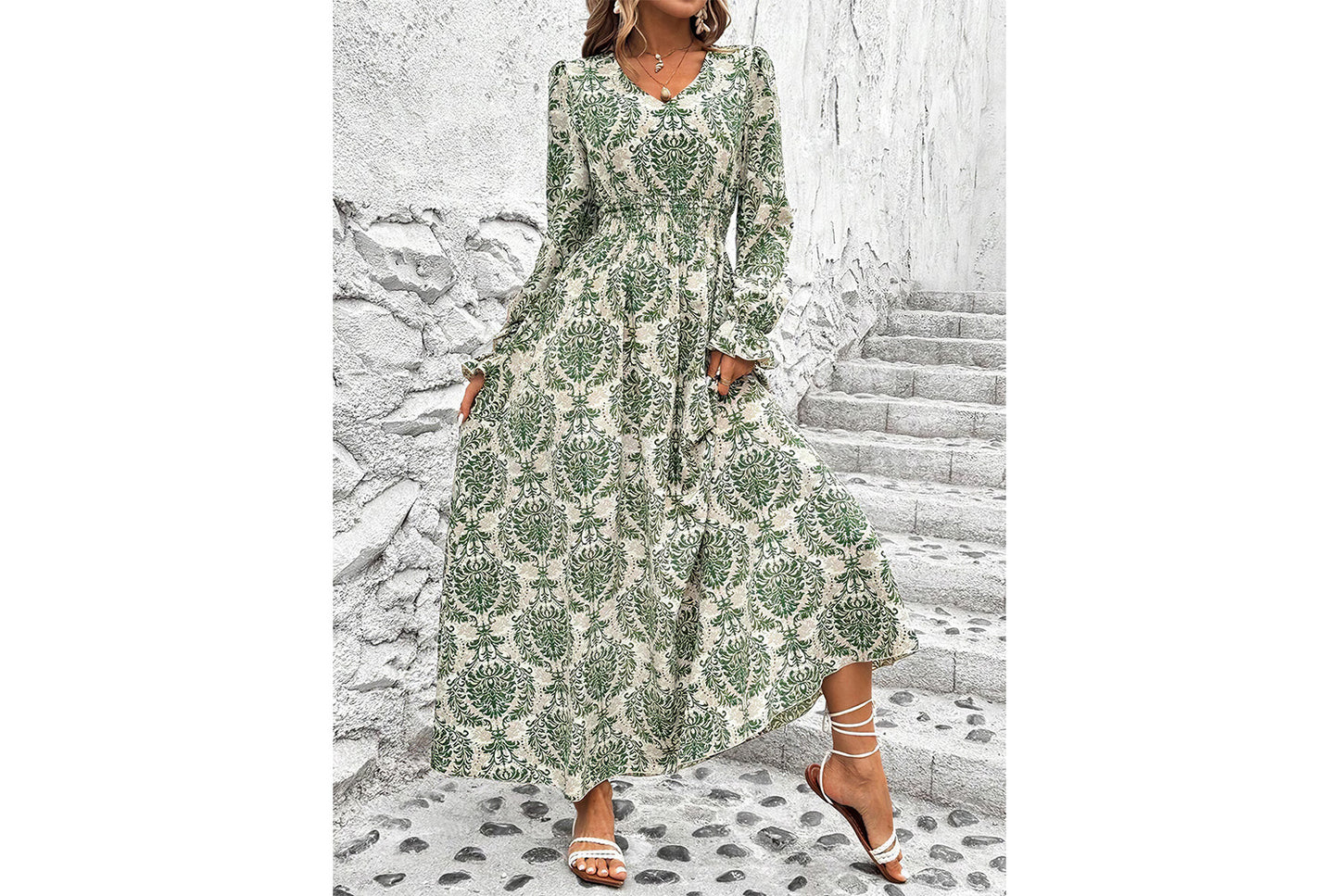 **Printed Maxi V-Neck Long-Sleeved Swing Dress**